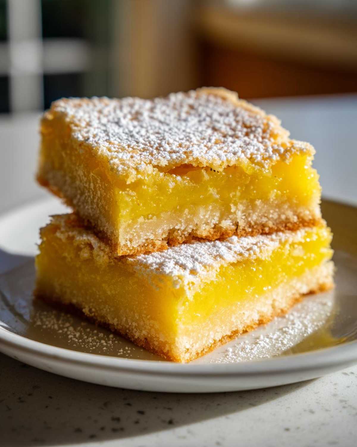 Two tangy lemon bars stacked on a plate, dusted with powdered sugar. Delicious and easy dessert.