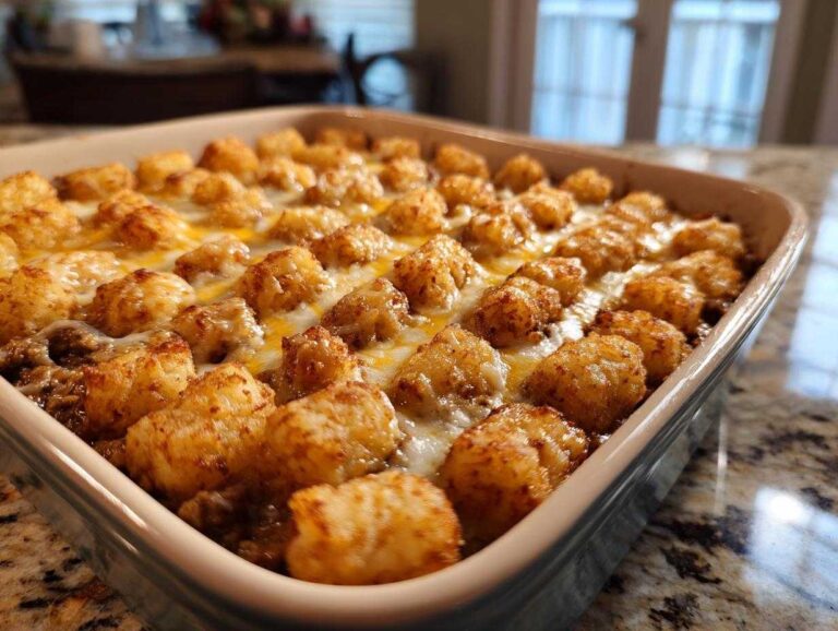 A freshly baked tater tot casserole with ground beef, topped with melted cheese and golden brown tater tots.