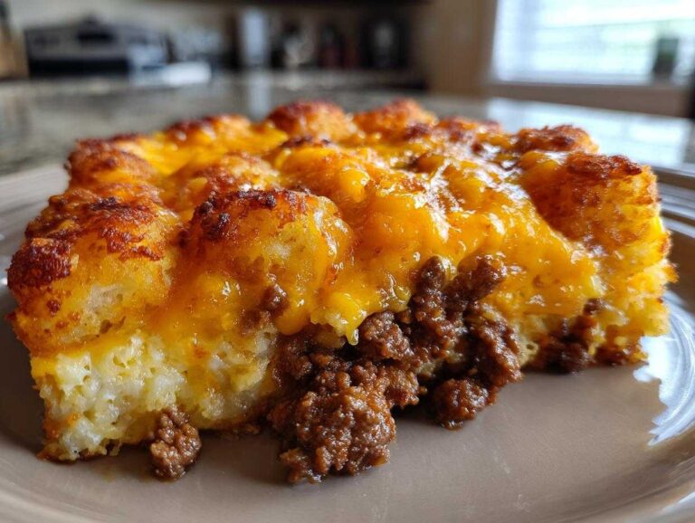 A slice of Tater Tot casserole with a crispy tater tot topping, ground beef, and melted cheese.