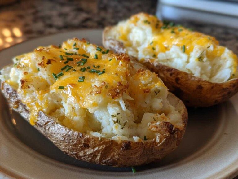 Two twice baked potatoes on a plate, topped with cheese and chives. Ready to eat!