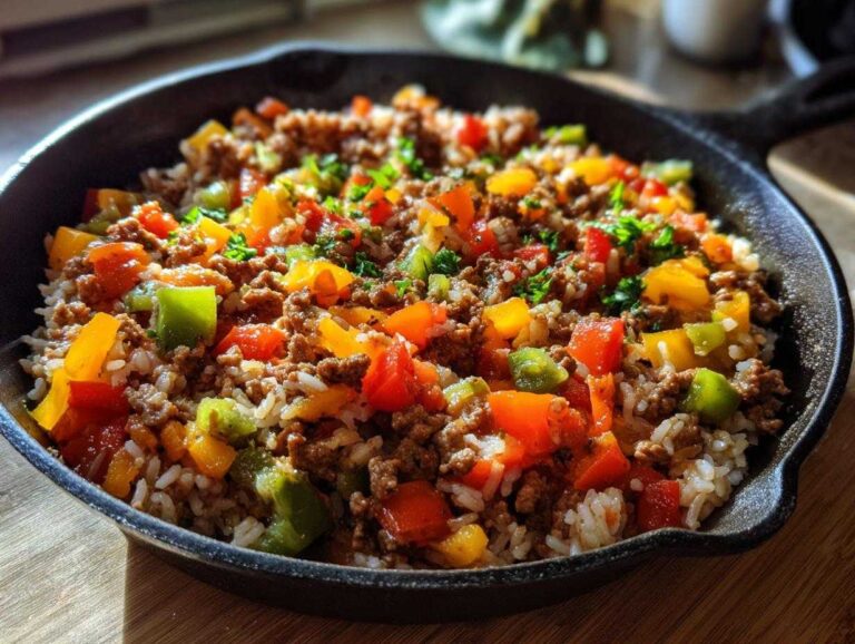 A colorful unstuffed pepper skillet with ground beef, rice, and bell peppers in a cast iron pan.