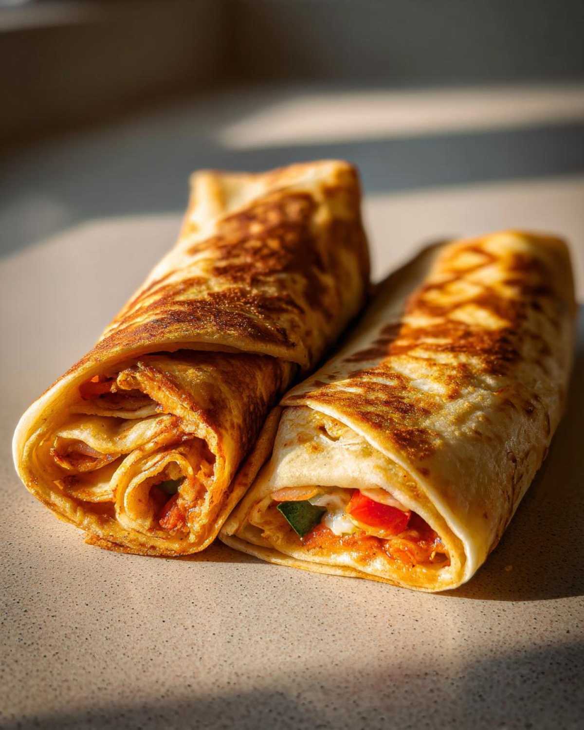 Two veggie fajita wraps, showcasing colorful vegetables and a golden-brown tortilla.