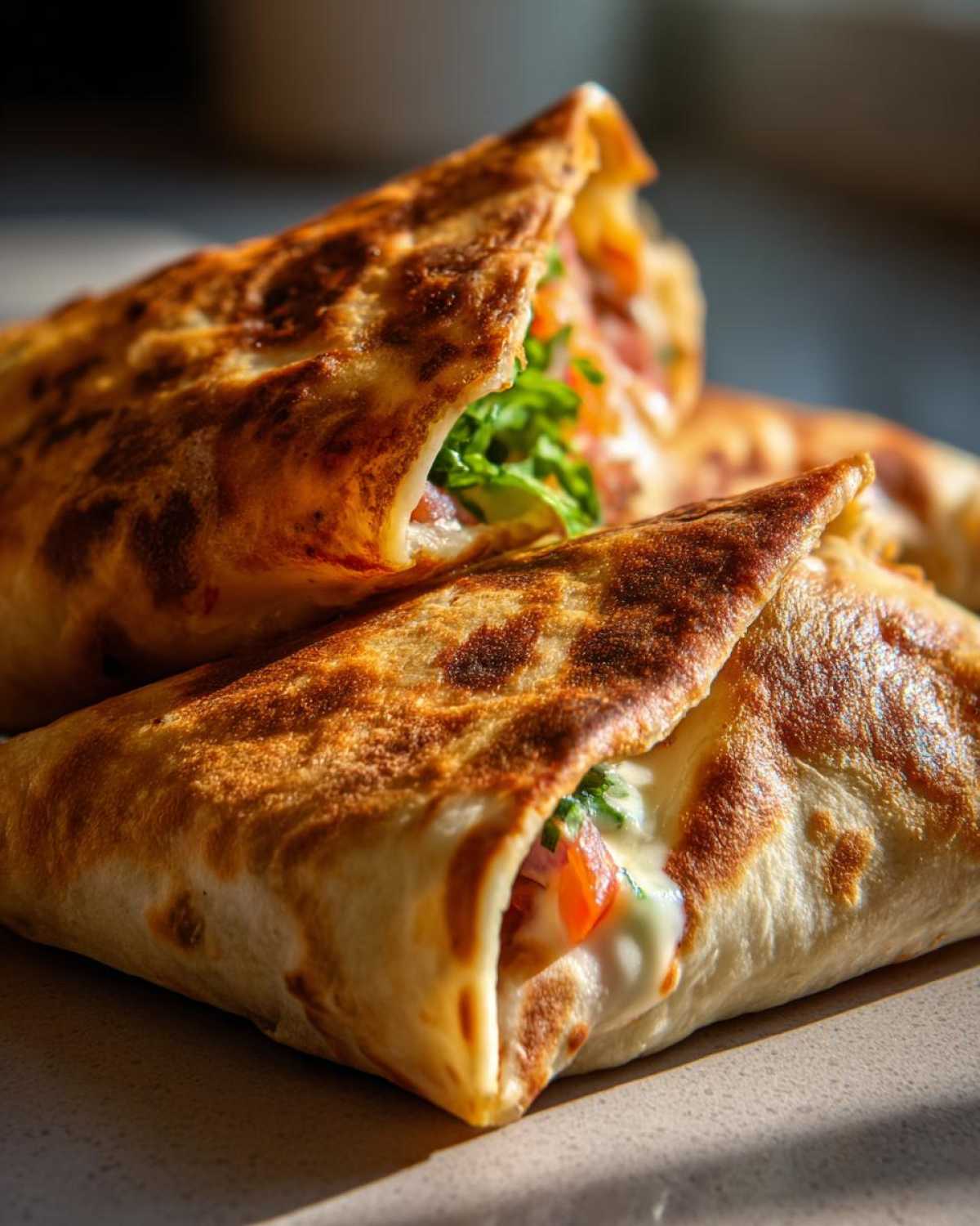 A stack of golden-brown veggie fajita wraps filled with colorful vegetables and melted cheese.