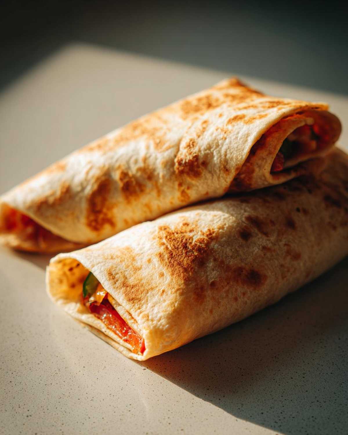 Two veggie fajita wraps stacked on a plate, showcasing the tortilla and vegetable filling.