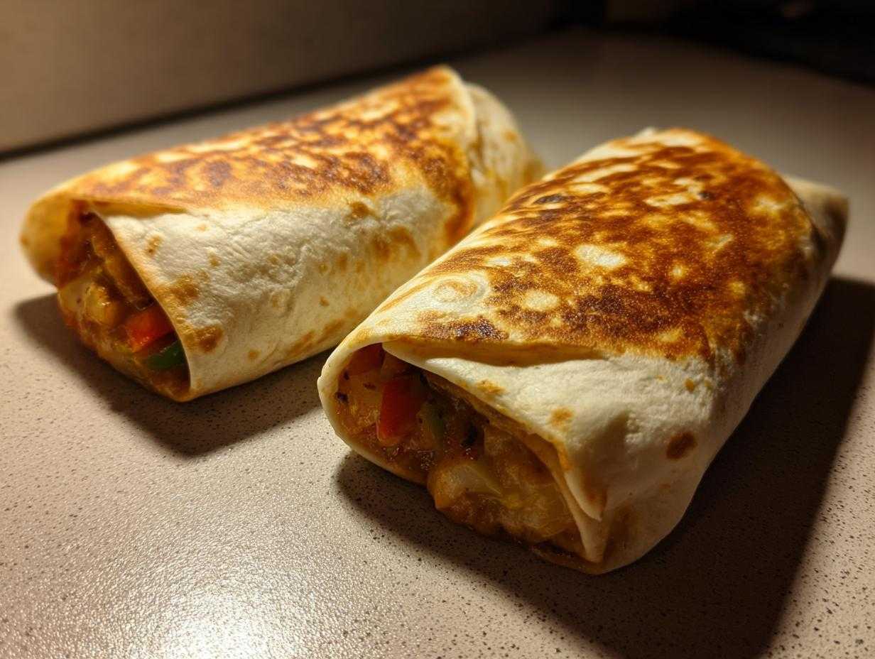 Two veggie fajita wraps, filled with colorful vegetables, sit on a countertop, ready to eat.