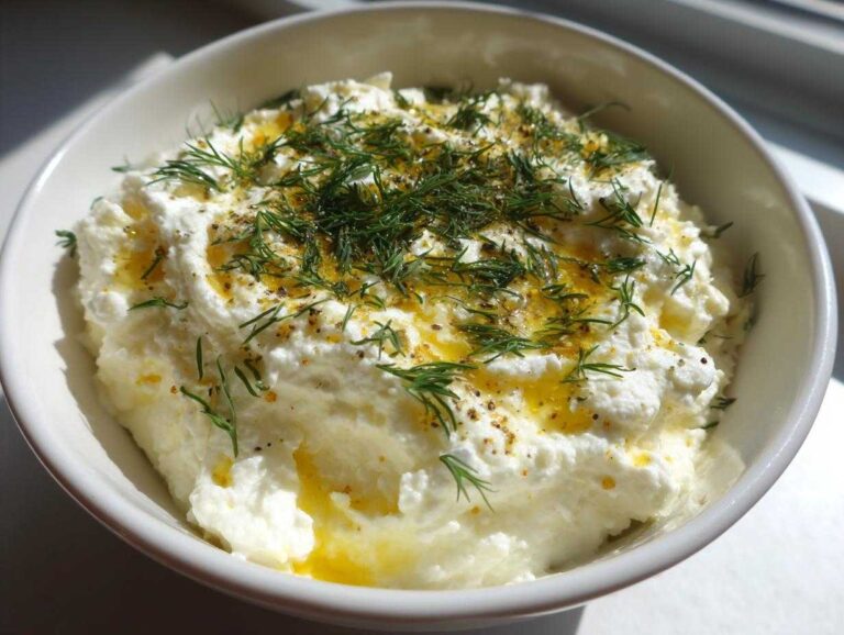 A bowl of creamy whipped feta honey dip, drizzled with honey and garnished with fresh dill.