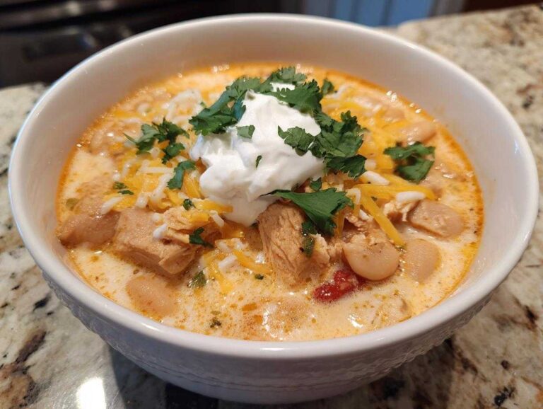 A delicious bowl of white bean chicken chili, topped with sour cream, cheese, and cilantro.