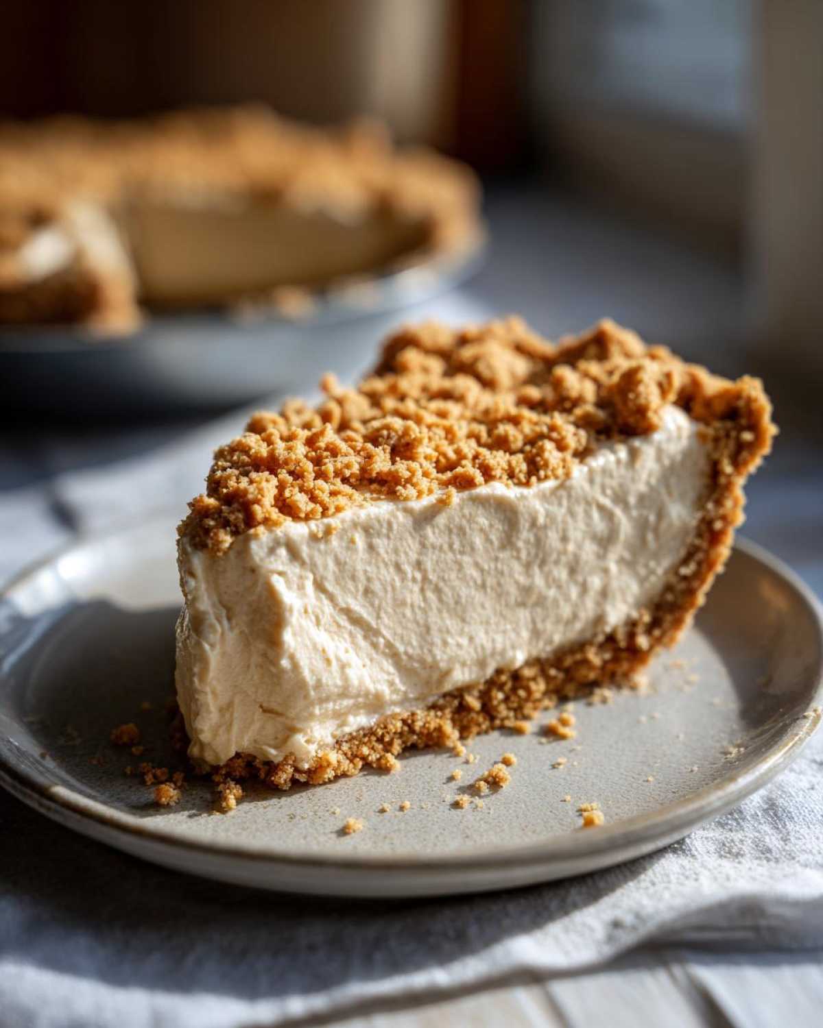 A slice of creamy Amish peanut butter pie with a graham cracker crust and crumbly topping on a plate.