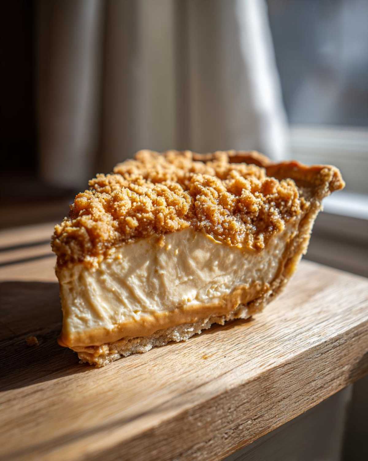A delicious slice of Amish peanut butter pie with a crumb topping, sitting on a wooden surface.