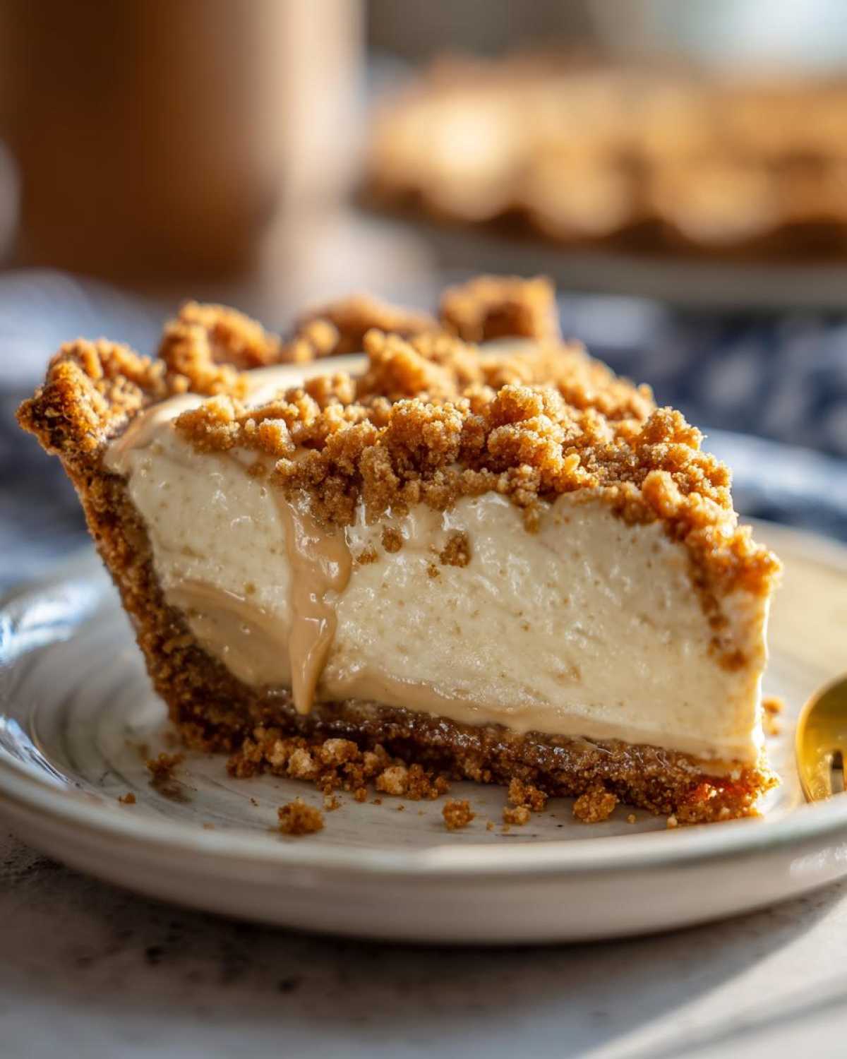 A delicious slice of Amish peanut butter pie with a crumb crust and peanut butter drizzle.