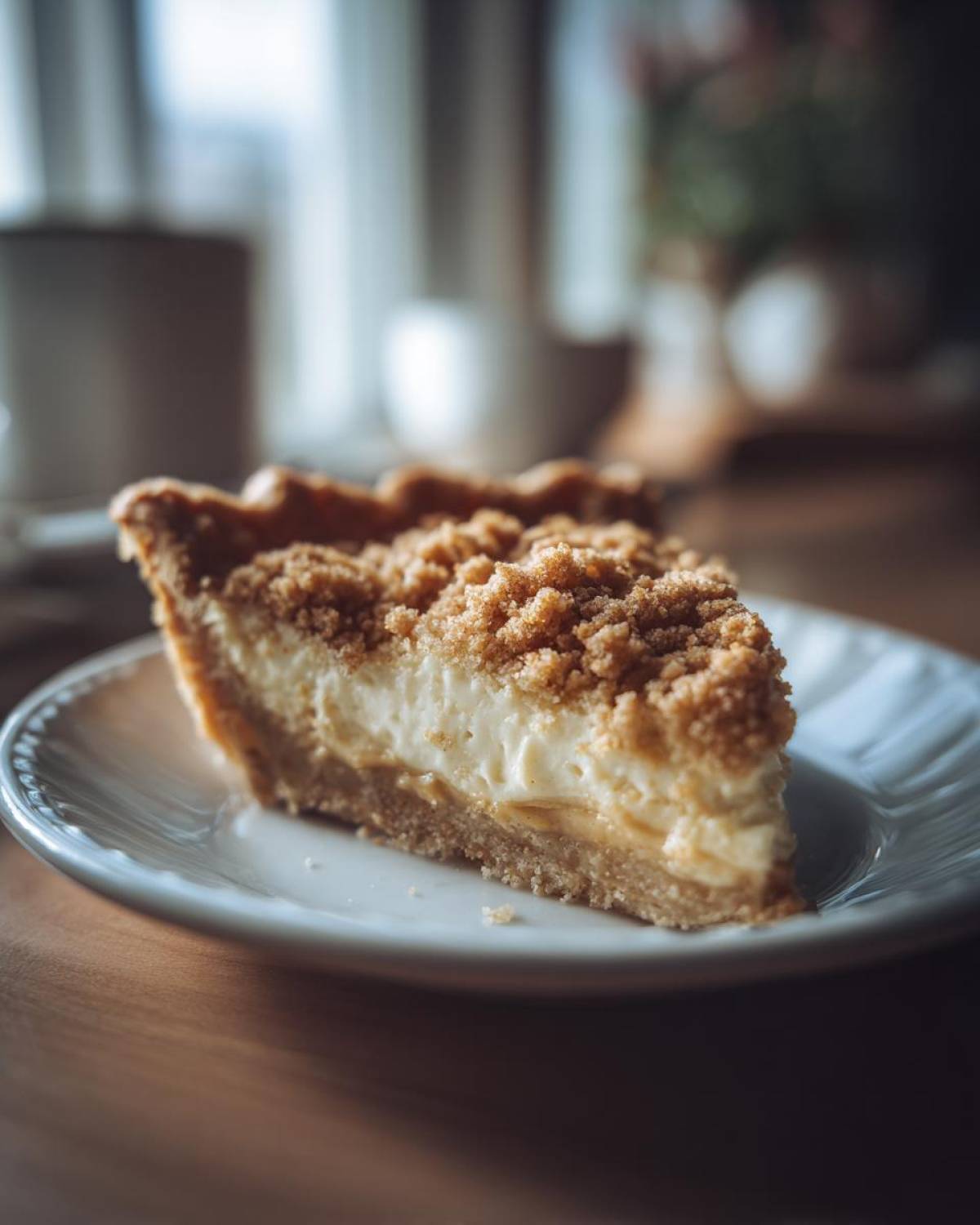 A slice of creamy Amish peanut butter pie with a crumb topping on a white plate.
