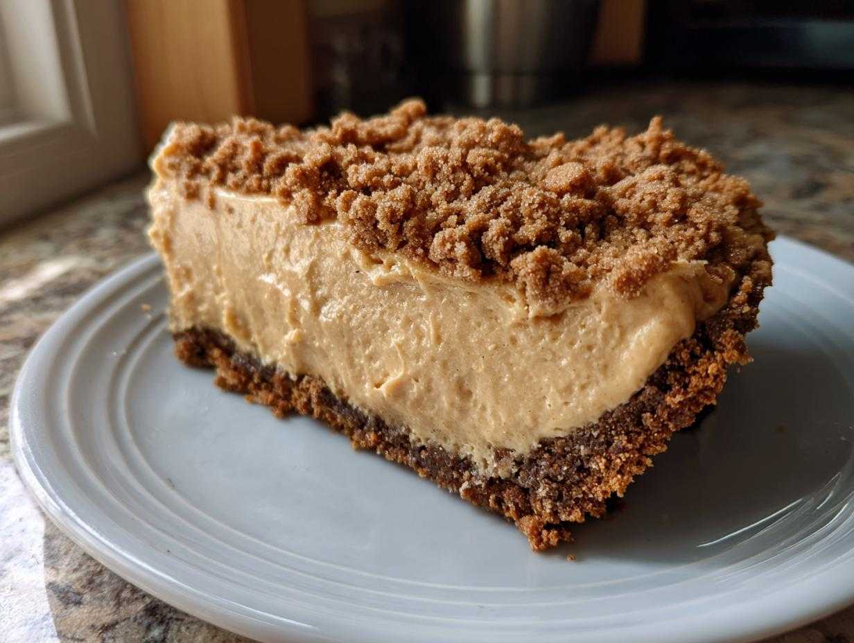 A slice of Amish peanut butter pie with a crumbly topping and chocolate crust on a white plate.