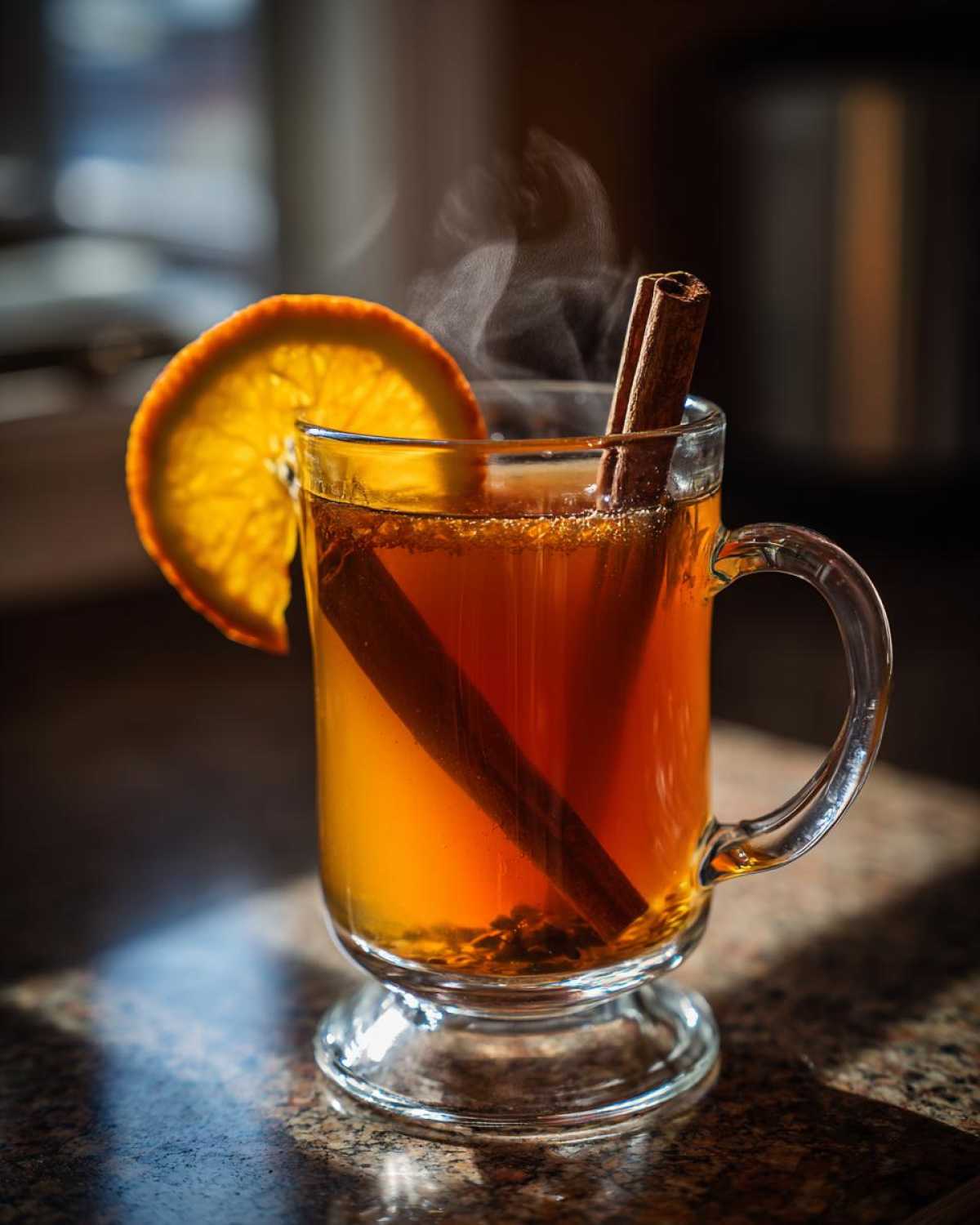 A glass mug of steaming apple cider, garnished with a cinnamon stick and orange slice.