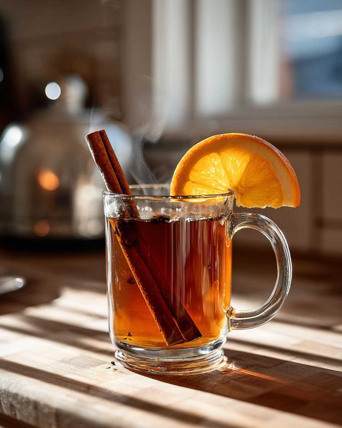 A clear mug of steaming apple cider garnished with an orange slice and cinnamon sticks.