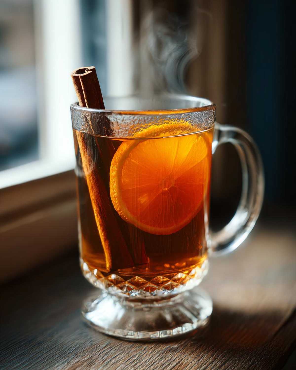 A glass mug of steaming apple cider with an orange slice and cinnamon stick.