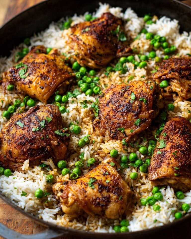 Overhead shot of baked chicken and rice in a pan, garnished with peas and parsley.