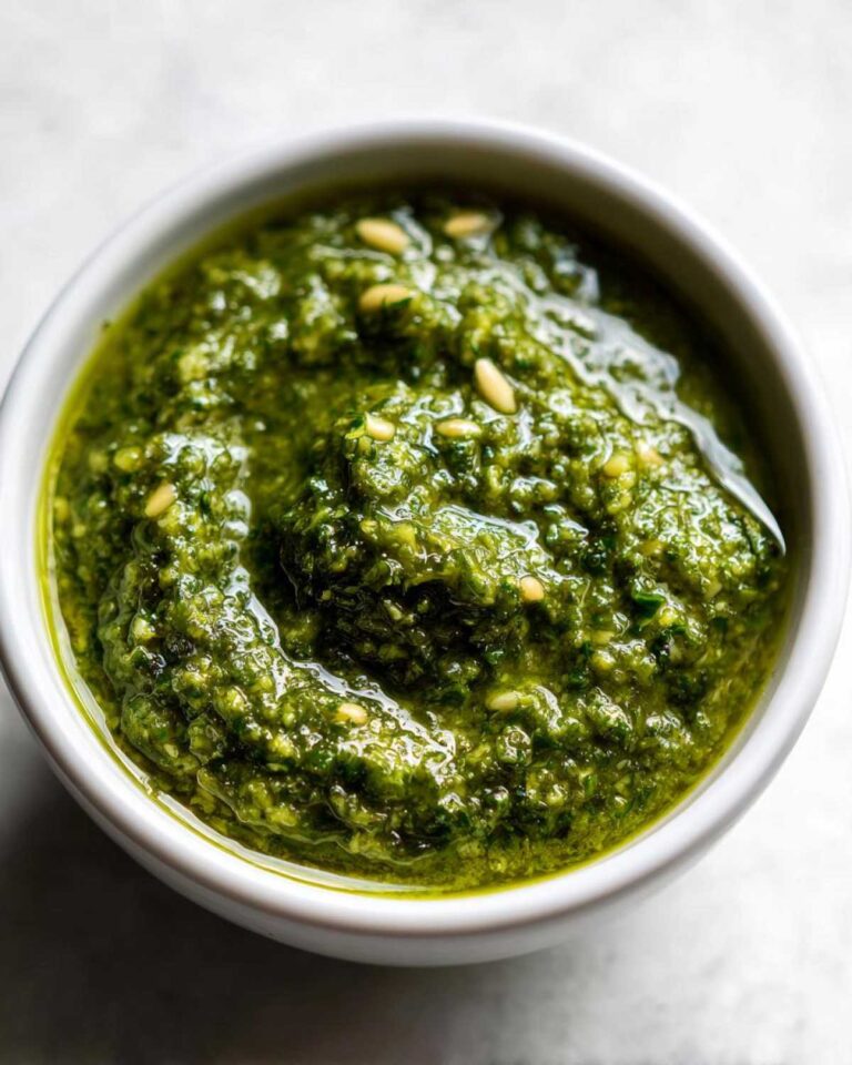 Close-up of vibrant green basil pesto in a white bowl, garnished with pine nuts.
