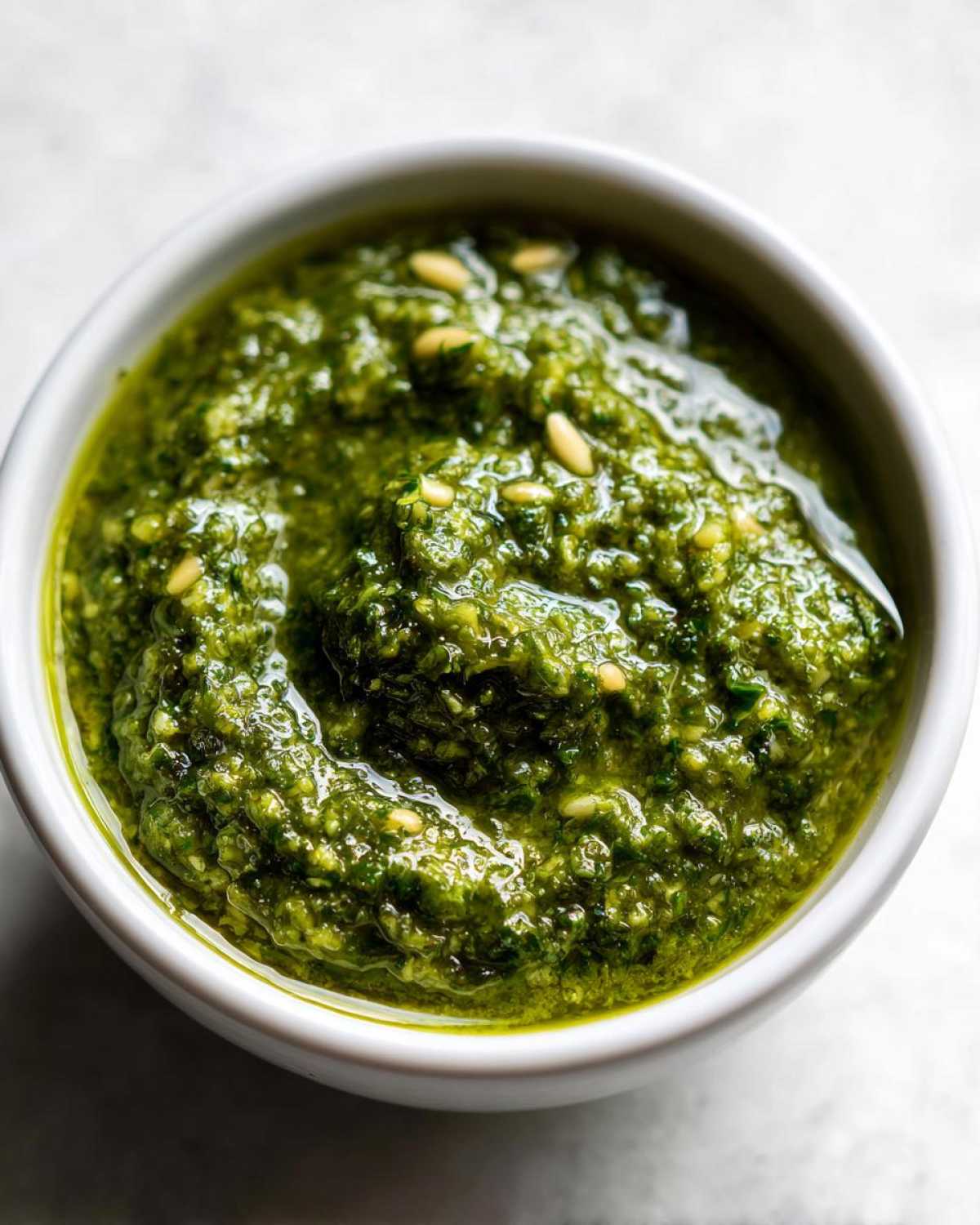 Close-up of vibrant green basil pesto in a white bowl, garnished with pine nuts.