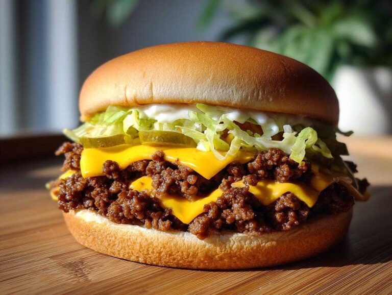 Close-up of a deconstructed Big Mac salad featuring seasoned ground beef, cheese, lettuce, pickles, and special sauce.