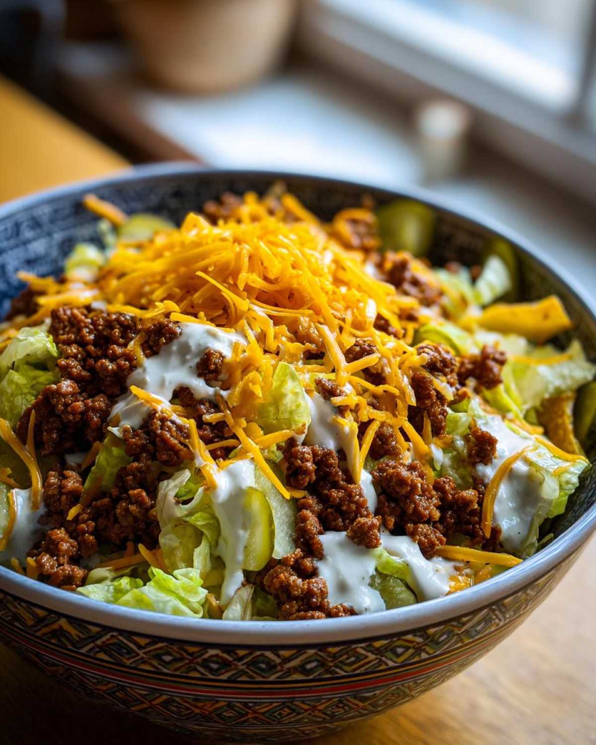 A colorful Big Mac salad in a bowl, featuring ground beef, shredded cheese, lettuce, pickles and creamy dressing.