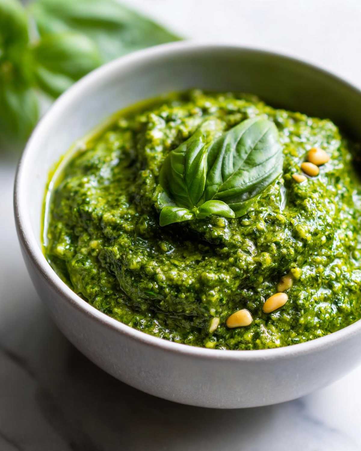 A bowl of vibrant green basil pesto, garnished with fresh basil leaves and pine nuts.