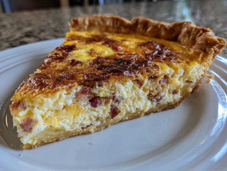 A slice of breakfast quiche with a golden crust, filled with egg, cheese, and bacon.