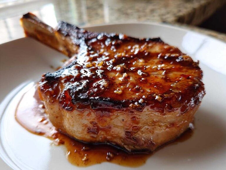 A single brown sugar garlic pork chop on a white plate, glazed and glistening.