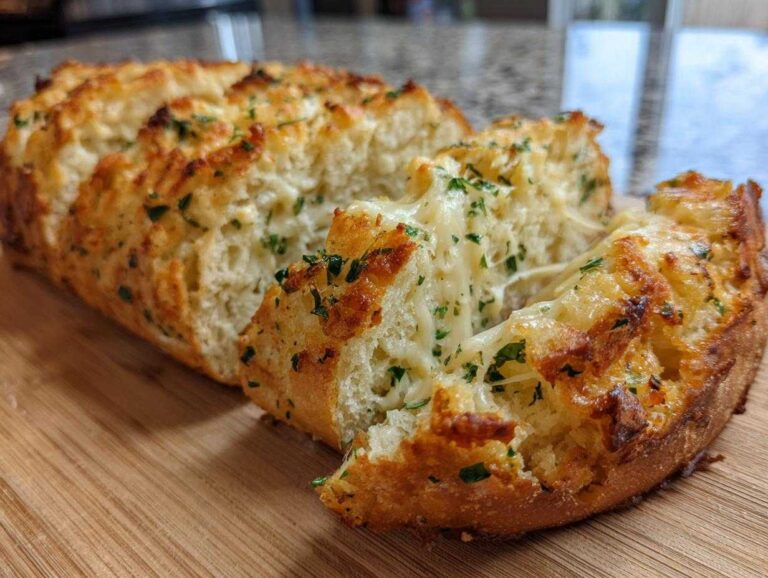 Close-up of a loaf of cheesy garlic bread with melted cheese and parsley on a wooden board.