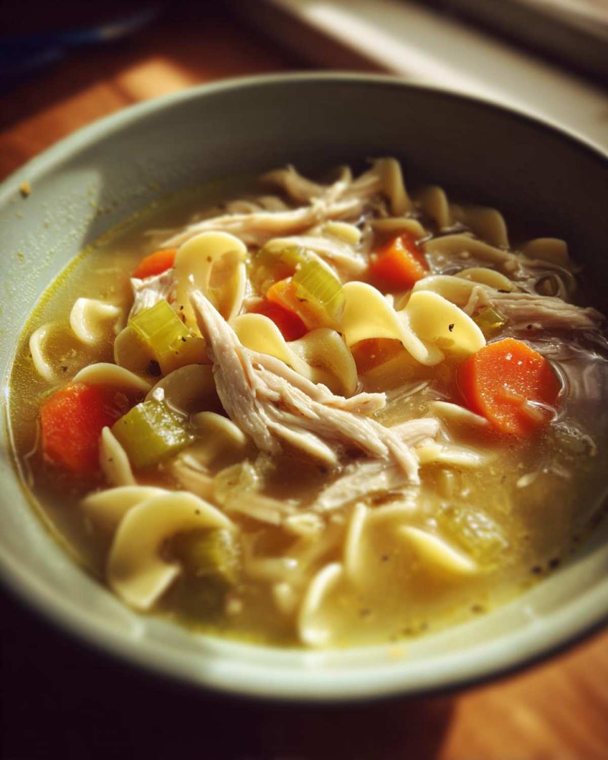 A close-up of a comforting bowl of Chicken noodle soup with noodles, chicken, carrots, and celery.