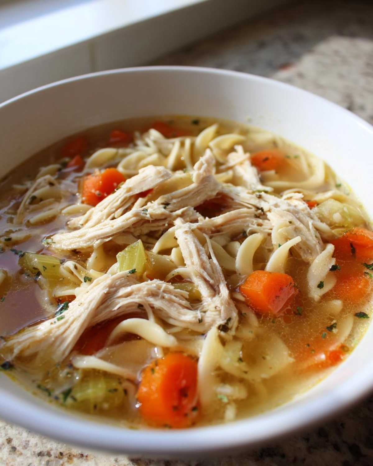 Close-up of a bowl of Chicken noodle soup with egg noodles, shredded chicken, carrots, and celery.