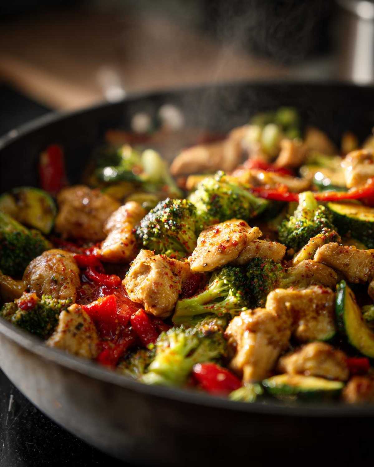Close-up of a steaming chicken and veggie skillet with broccoli, zucchini, and red peppers.