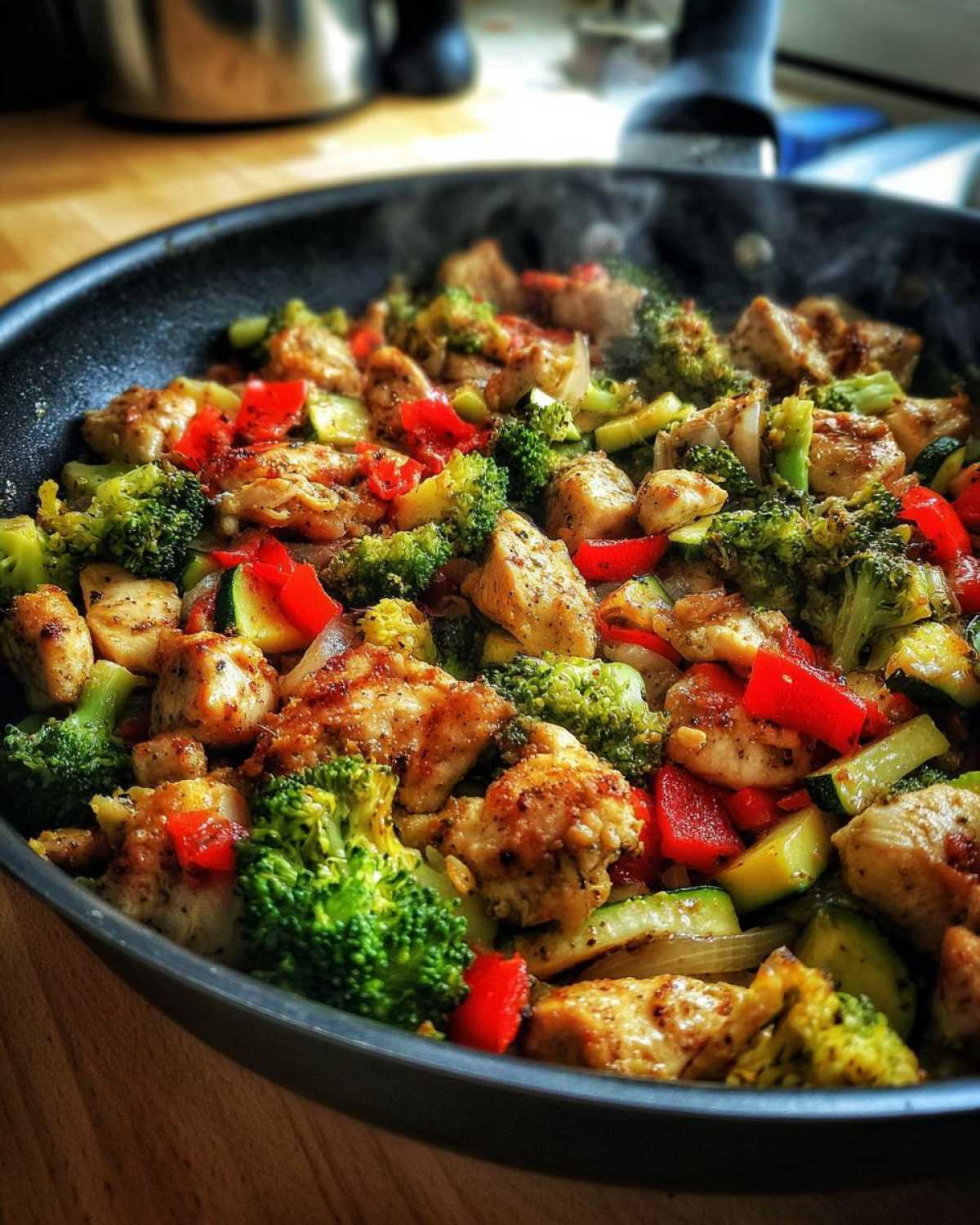Close-up of a Chicken and veggie skillet with broccoli, zucchini, and red peppers.