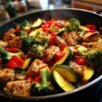 A close-up of a Chicken and veggie skillet with broccoli, zucchini, and red peppers.