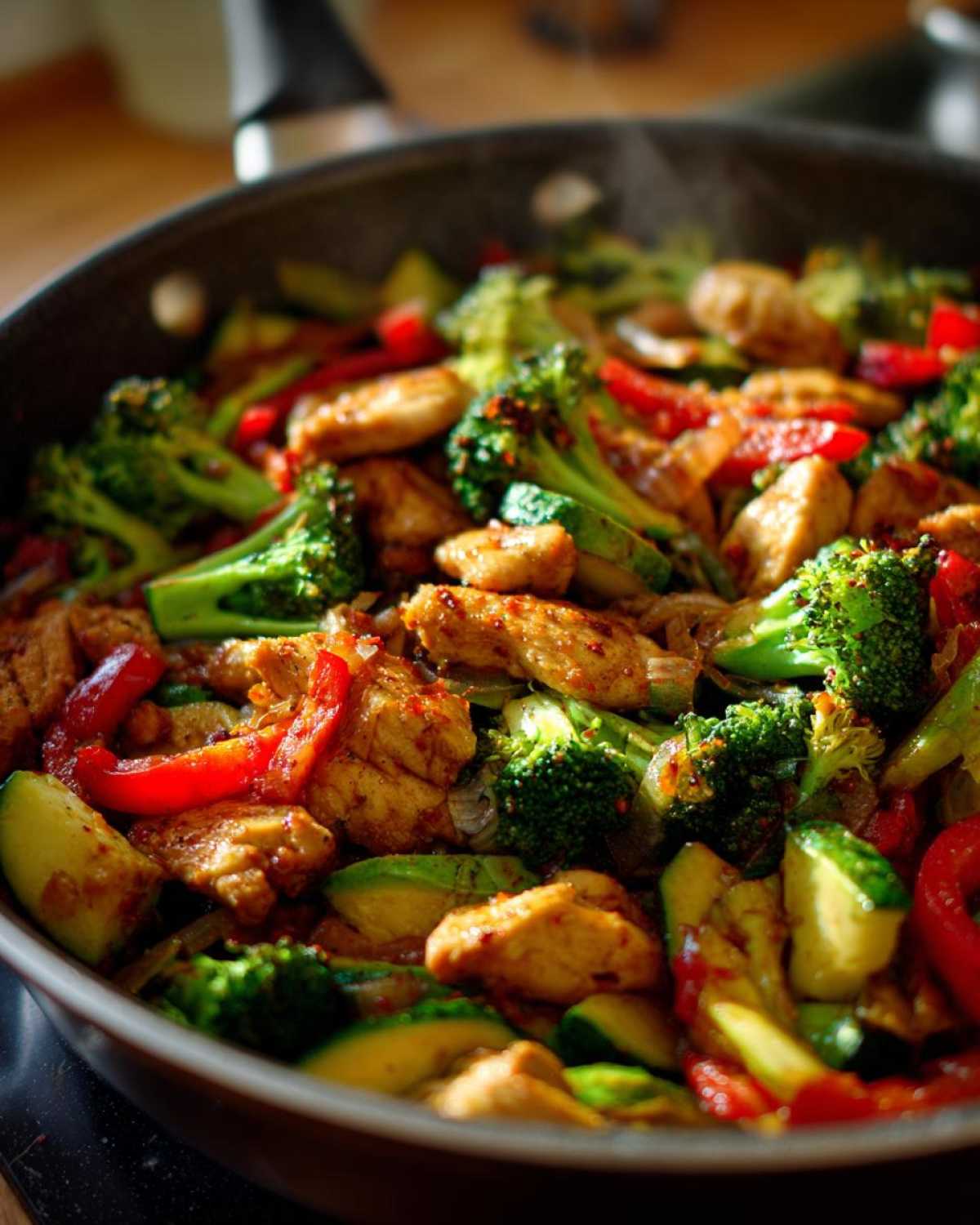 A close-up of a Chicken and veggie skillet with broccoli, red peppers, zucchini and seasoned chicken.