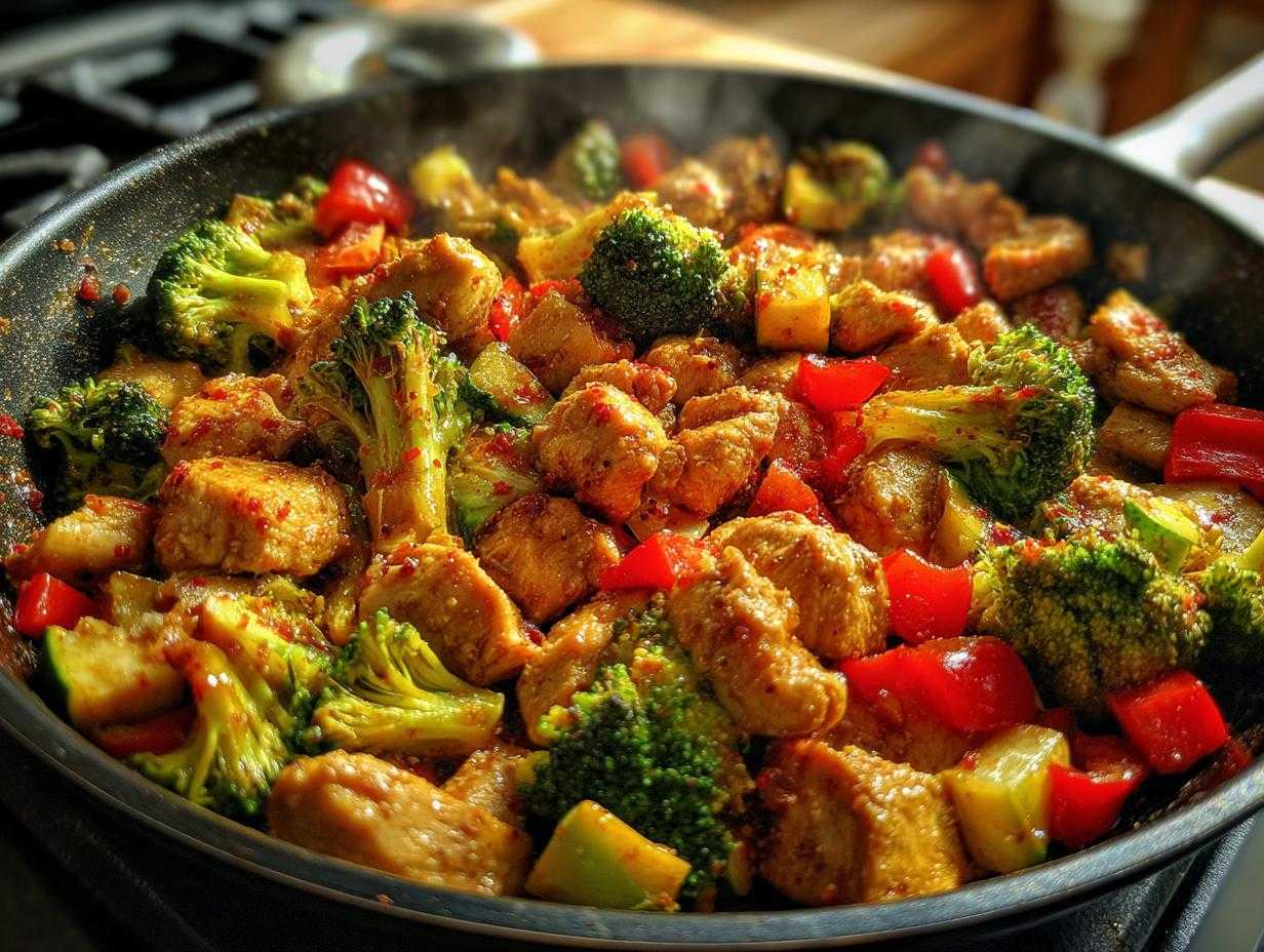Close-up of a flavorful chicken and veggie skillet with broccoli, red peppers, and seasoned chicken pieces.