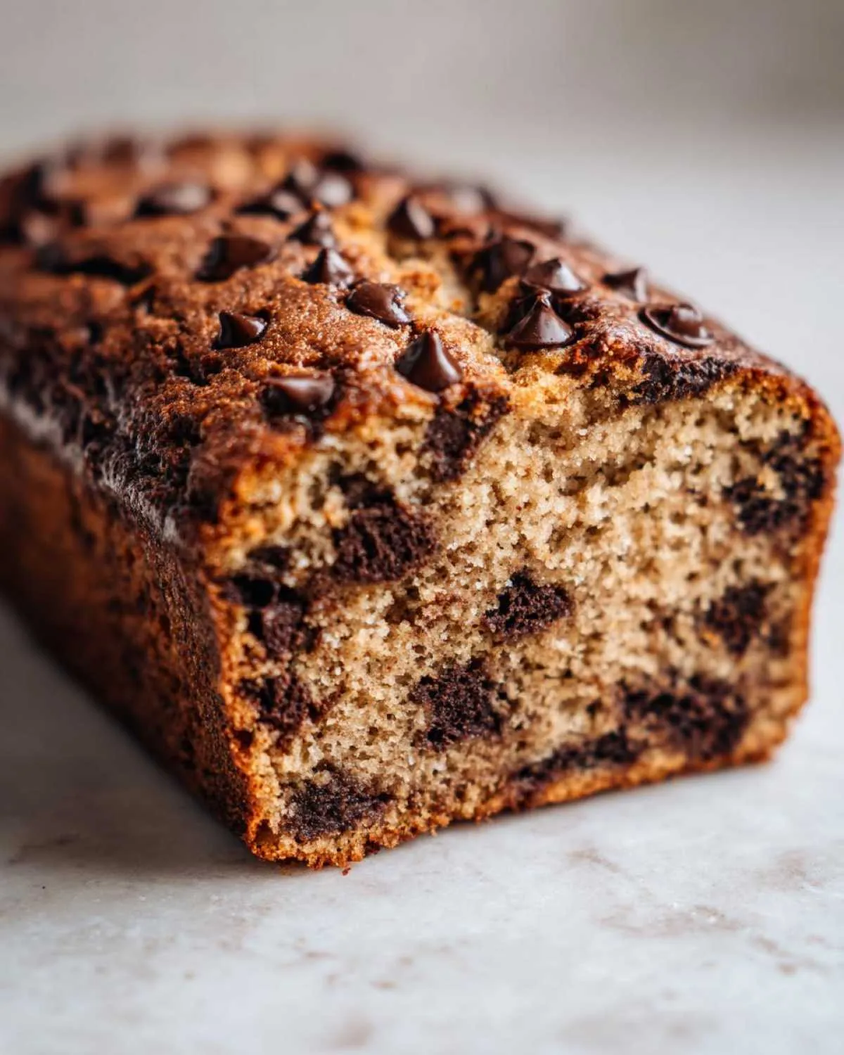 Close-up of a moist chocolate chip banana bread loaf, showing chocolate chips inside and on top.