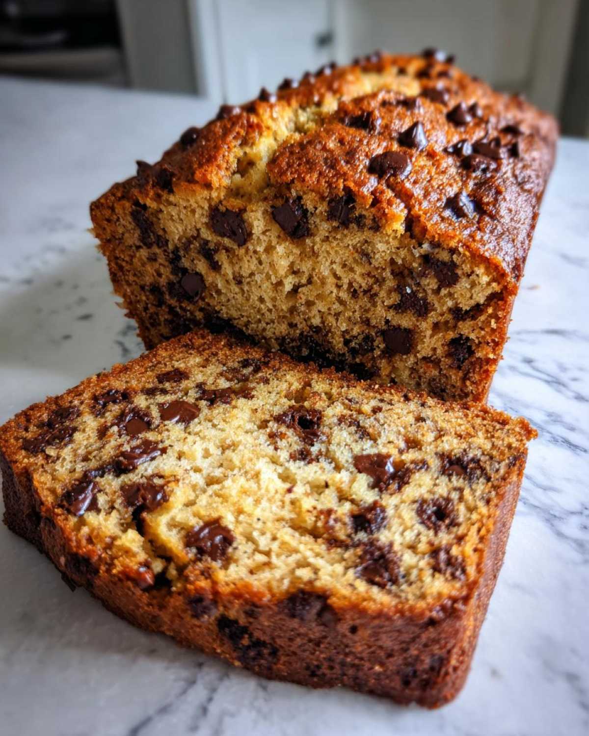 A freshly baked loaf of chocolate chip banana bread with a slice cut, showing the moist texture and melted chocolate chips.