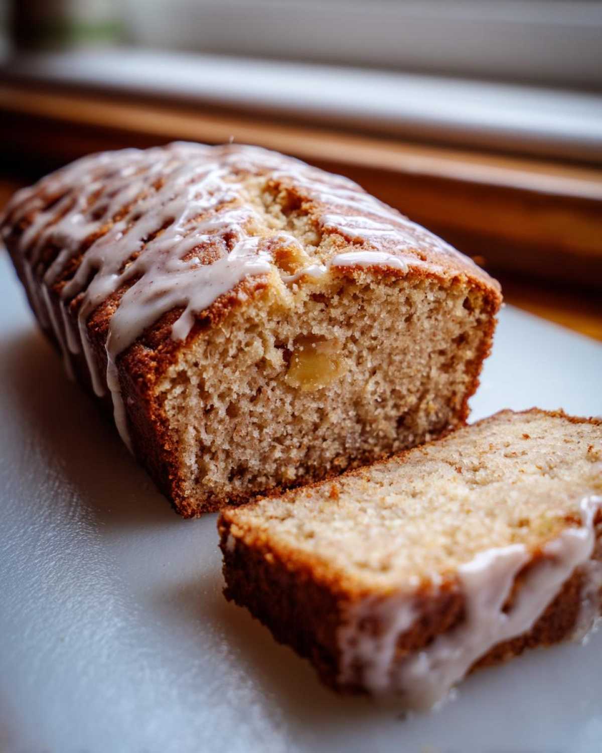 A loaf of cinnamon apple bread with icing, and a slice cut, showing the texture and apple pieces.