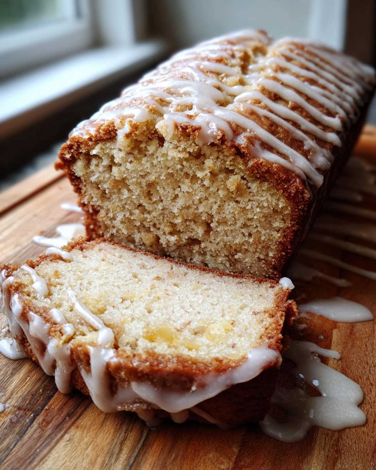 A loaf of cinnamon apple bread with icing, with a slice cut, sitting on a wooden board.