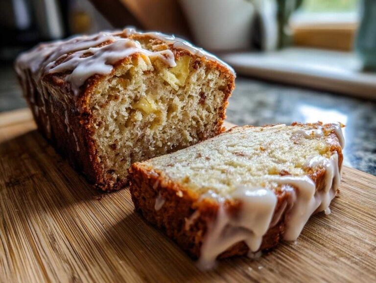 A loaf of cinnamon apple bread with icing, with a slice cut, sitting on a wooden board.