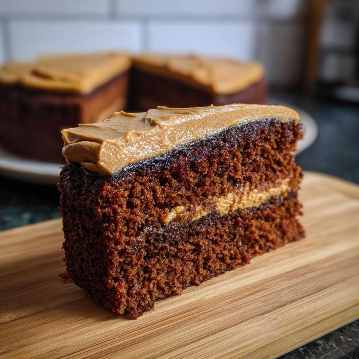 A slice of cinnamon apple bread with a creamy frosting layer, showcasing the moist texture.