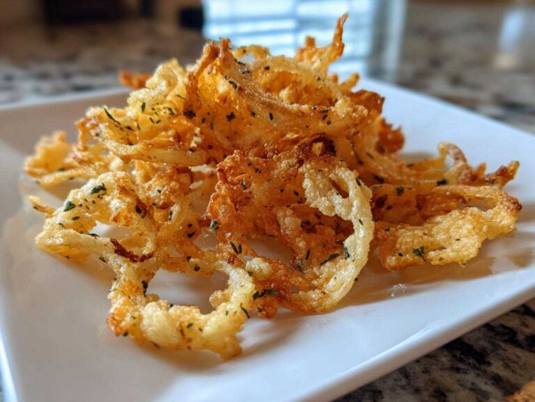 A close-up of golden, crispy cottage cheese chips seasoned with herbs, served on a white plate.