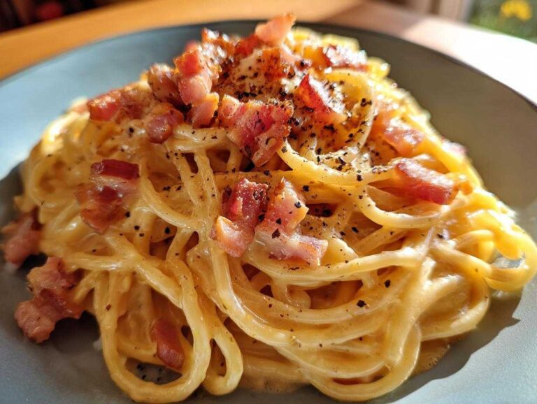 Close-up of creamy bacon carbonara pasta on a plate, topped with crispy bacon pieces and black pepper.