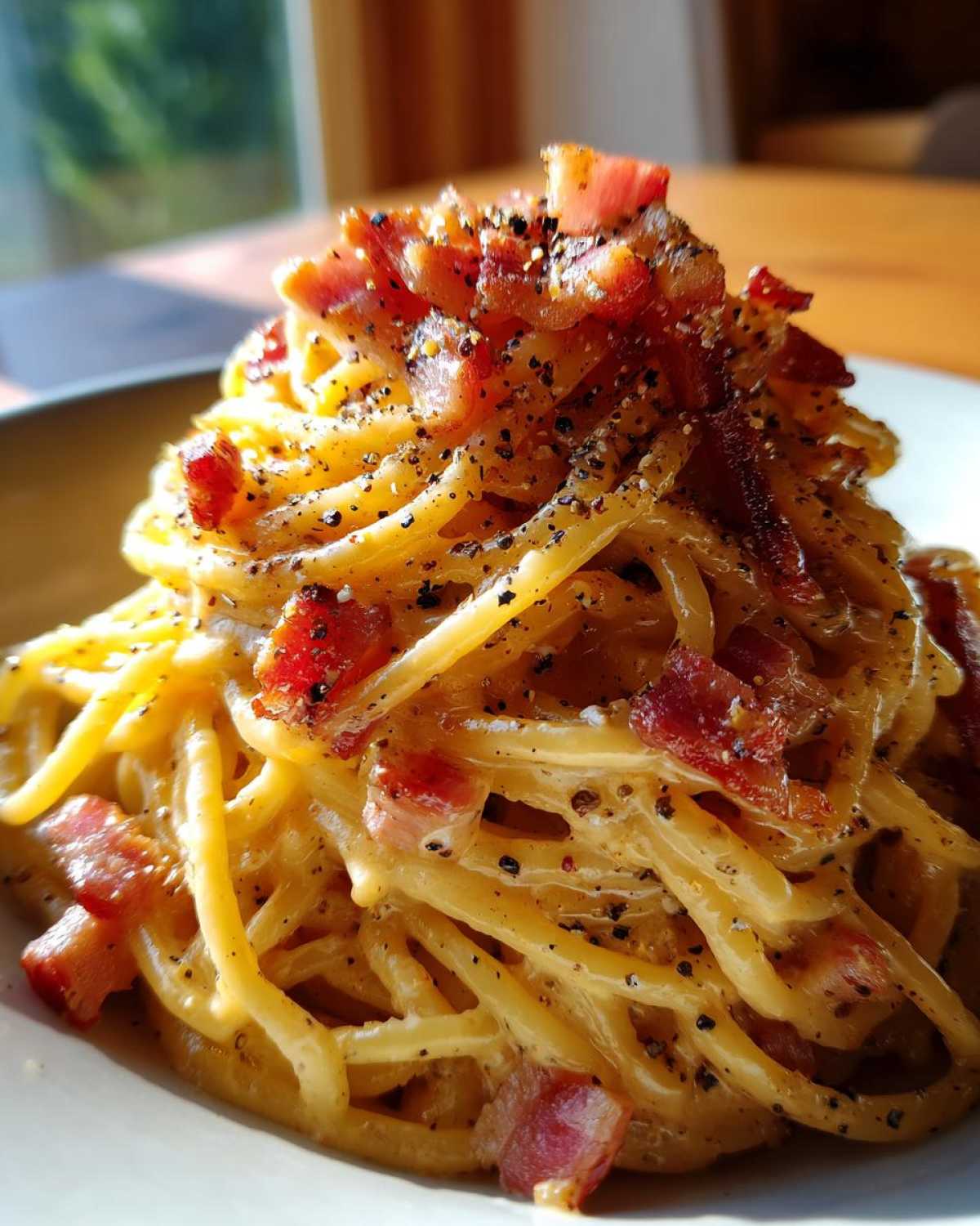 A delicious plate of creamy bacon carbonara, topped with crispy bacon pieces and freshly cracked black pepper.