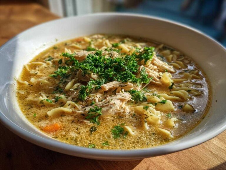 A delicious bowl of creamy chicken noodle soup, garnished with fresh parsley.