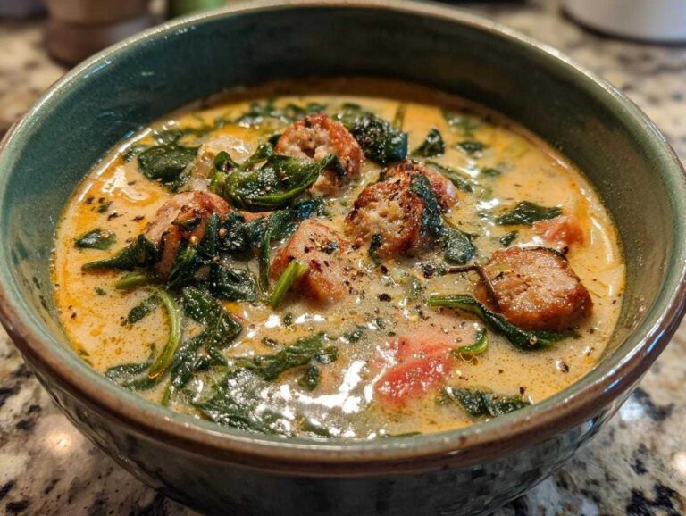 A bowl of Creamy Italian sausage soup with sausage slices and spinach in a creamy broth.