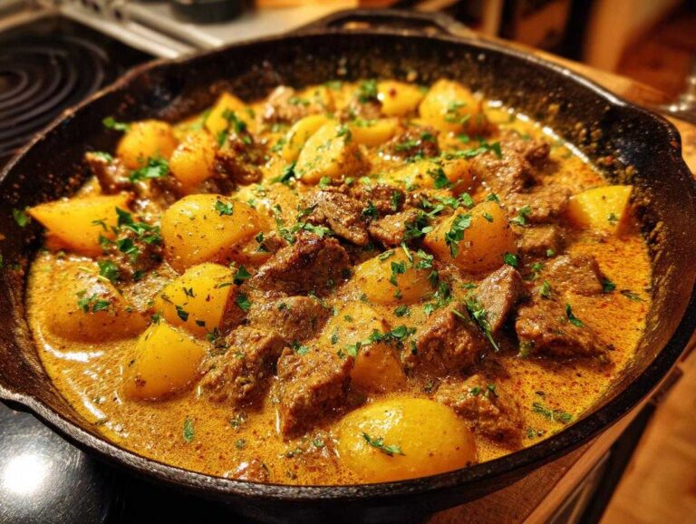 A hearty Creamy meat potato skillet, cooked in a cast iron pan, garnished with fresh parsley.