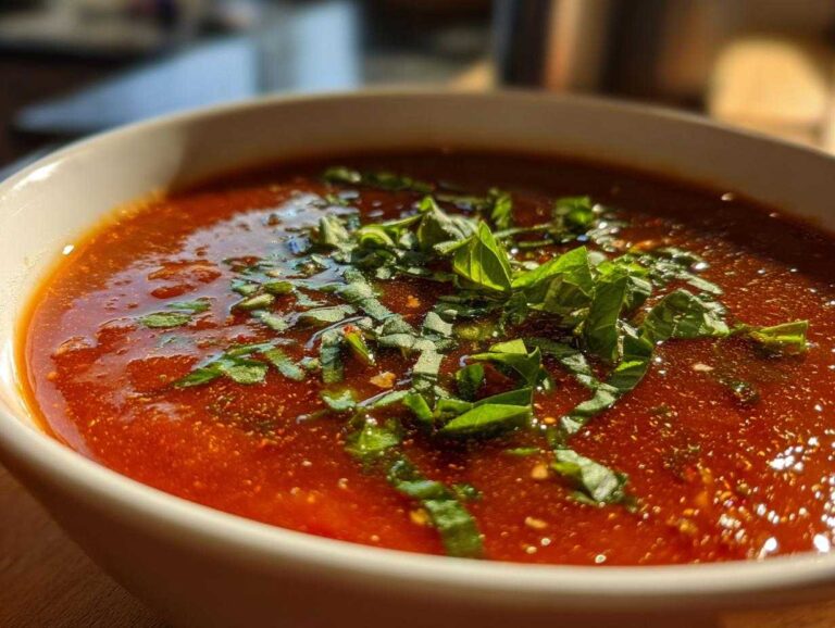 Close-up of creamy roasted garlic tomato soup in a white bowl, garnished with fresh basil.