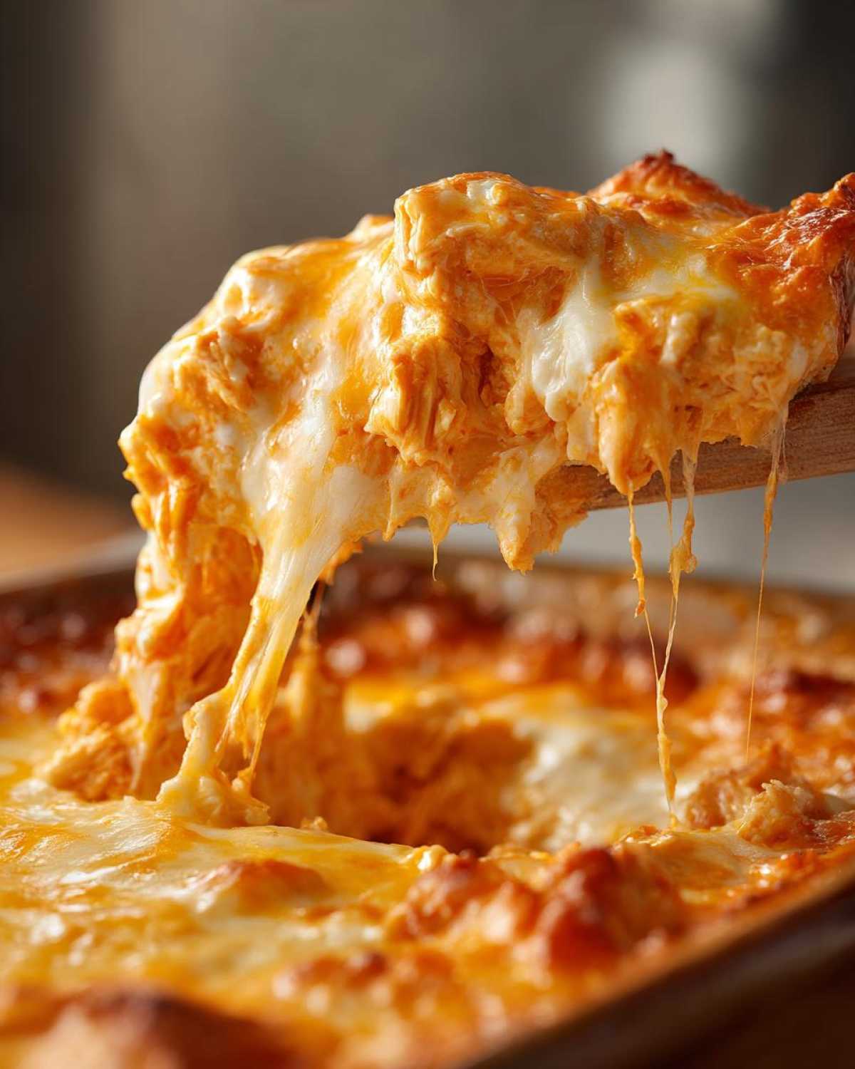 A wooden spoon lifts a scoop of cheesy crockpot buffalo chicken dip, with melted cheese dripping down.