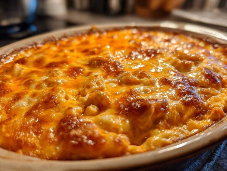 Close-up of cheesy crockpot buffalo chicken dip in a baking dish, ready to serve.